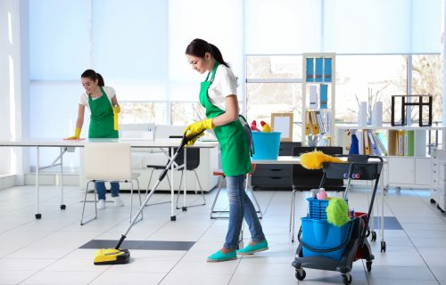 Cleaning service team working in office